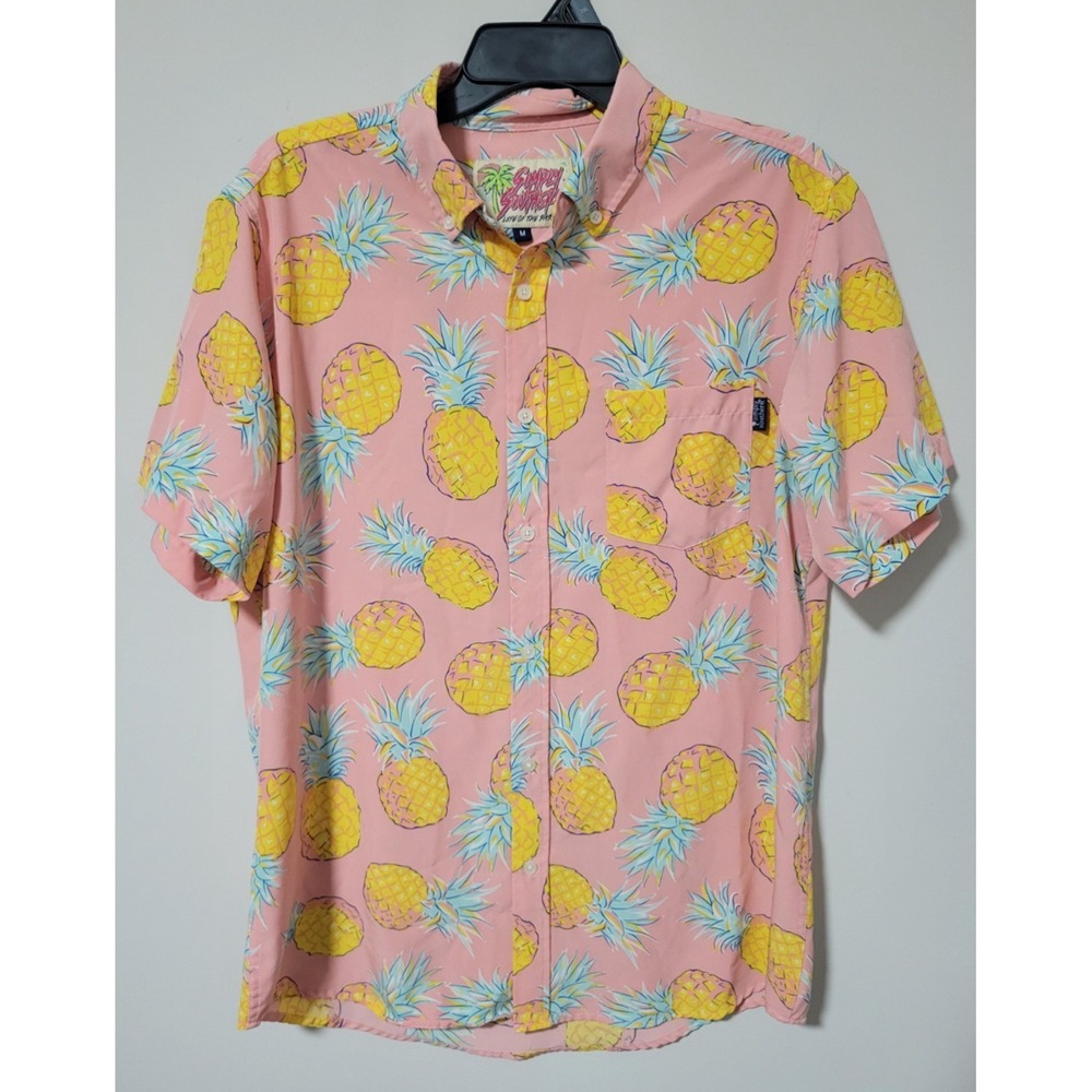 Simply Southern Pineapple Button Down Shirt Mens M Pink Tropical Short Sleeve